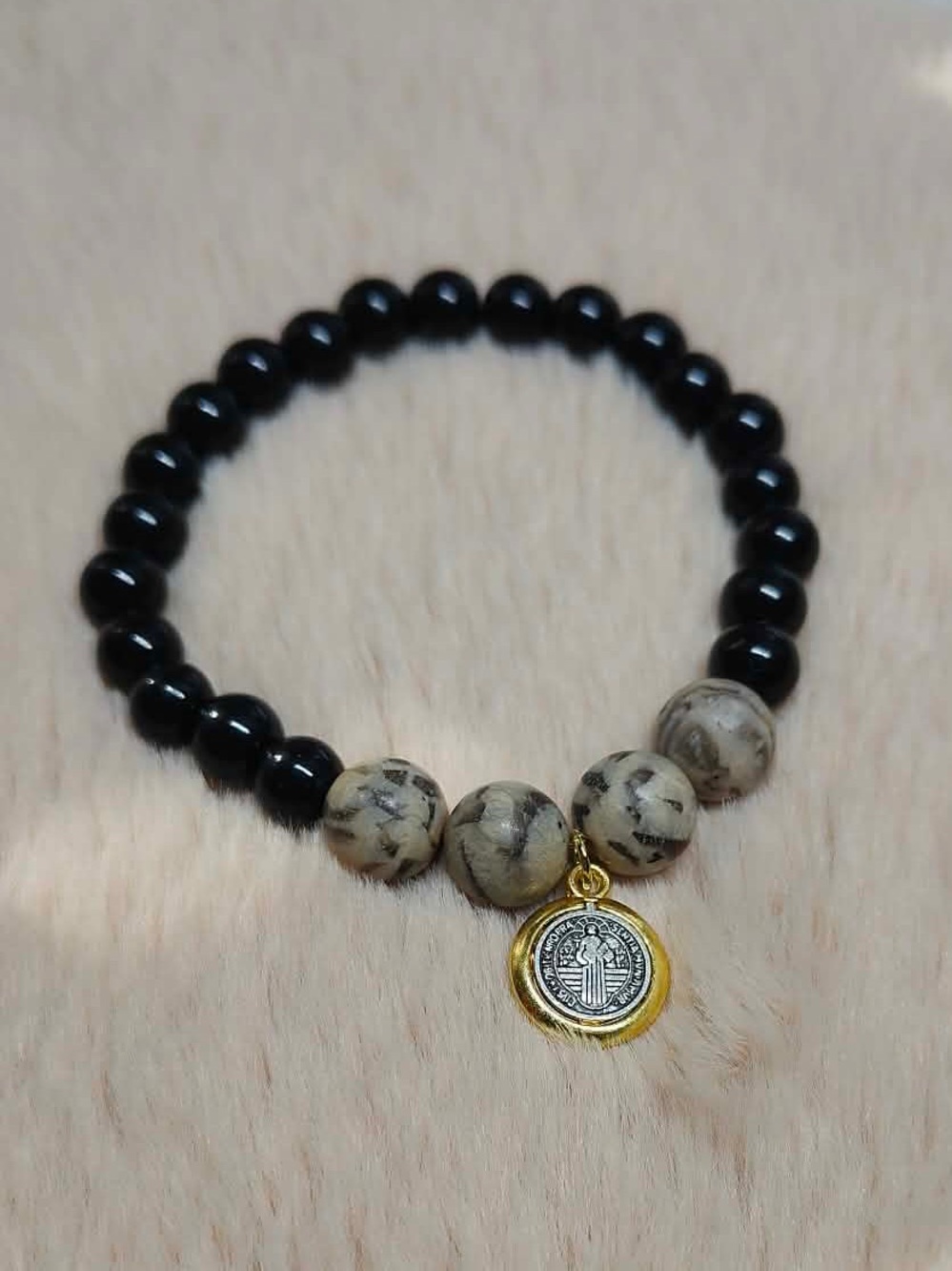 Mens Black Beaded Bracelet with St Benedict Charm